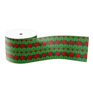 Poinsettia Flowers Red Gold and Green Pretty  Grosgrain Ribbon