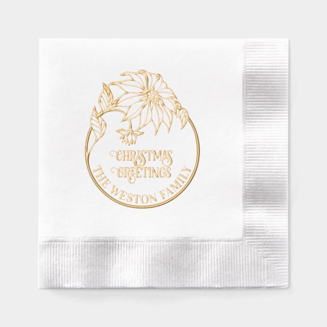 Poinsettia Frame Merry Xmas #2 Family Greeting Foil Napkins (Front)