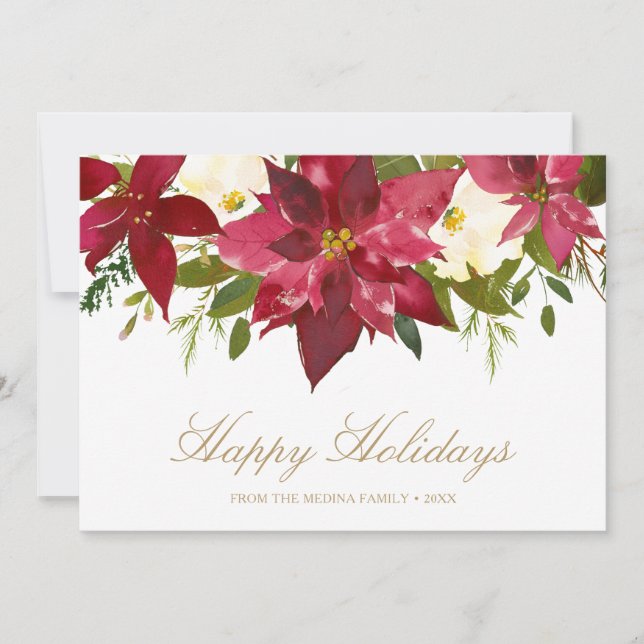 Poinsettia Gold Happy Holidays Elegant Christmas Holiday Card (Front)