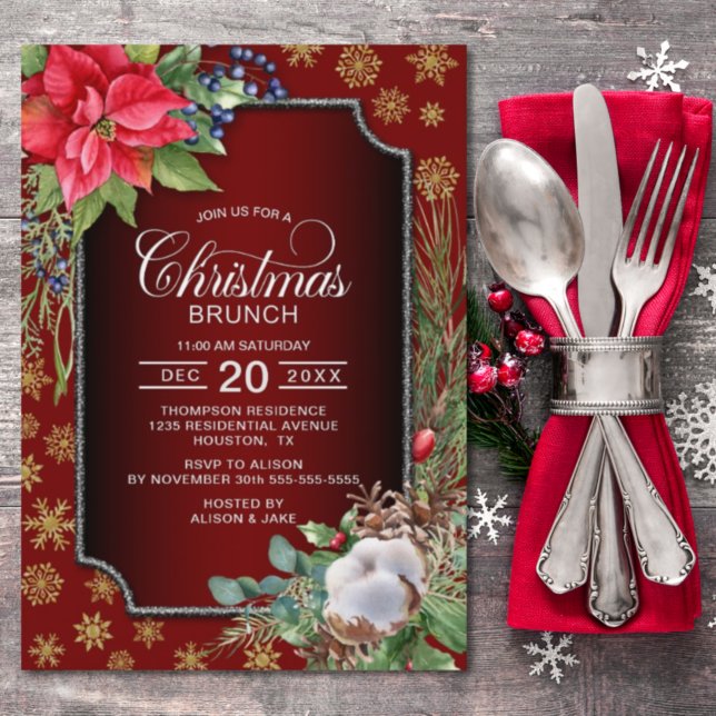 Poinsettia Gold Snowflakes Red Christmas Brunch Invitation (Creator Uploaded)