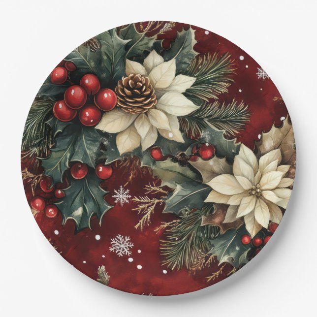 Poinsettia Grace in Snowfall’s Embrace Paper Plate (Front)
