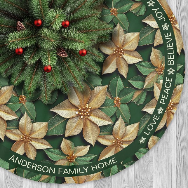 Poinsettia Green & Gold Festive Words Christmas Brushed Polyester Tree Skirt (Poinsettia Green & Gold Festive Words Christmas Brushed Polyester Tree Skirt)