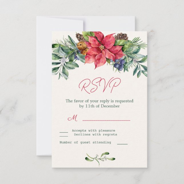 Poinsettia Greenery Foliage Wedding RSVP Card (Front)