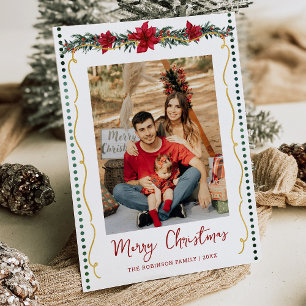 Poinsettia Greenery Gold Merry Christmas 1 Photo Holiday Card