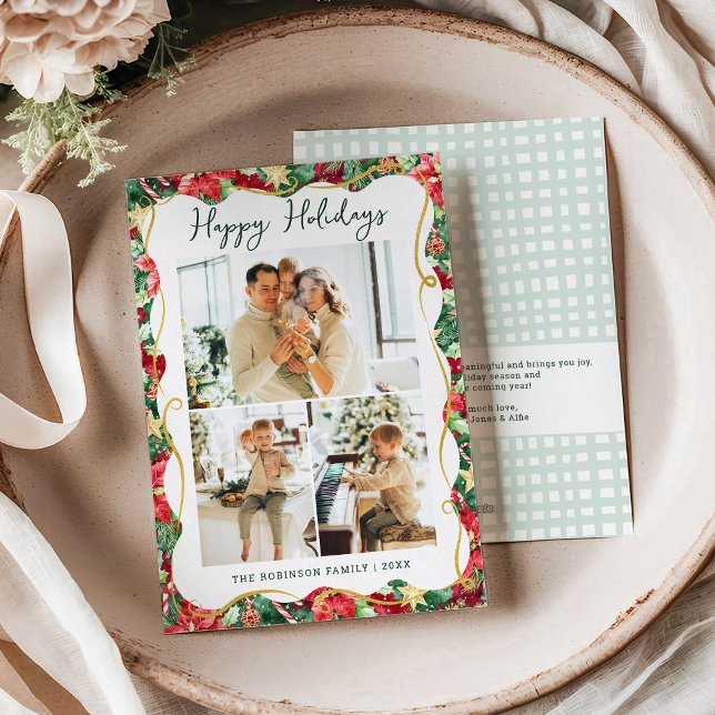 Poinsettia Greenery Pattern Happy Holidays 3 Photo Holiday Card (Creator Uploaded)