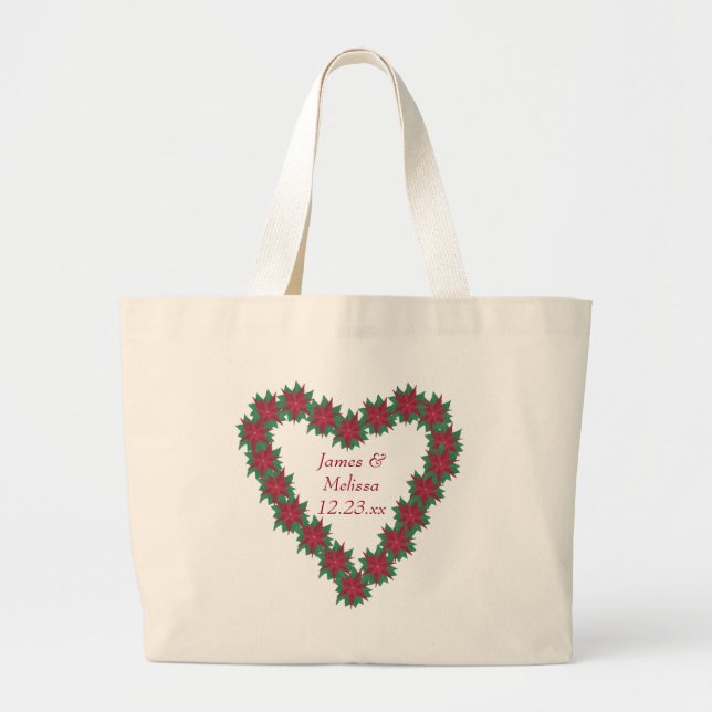 Poinsettia Heart Christmas Wedding Tote Bags (Front)