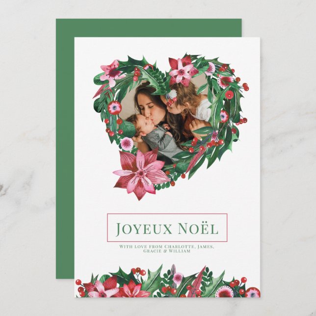 Poinsettia Heart Wreath Joyeux Noël Christmas Card (Front/Back)