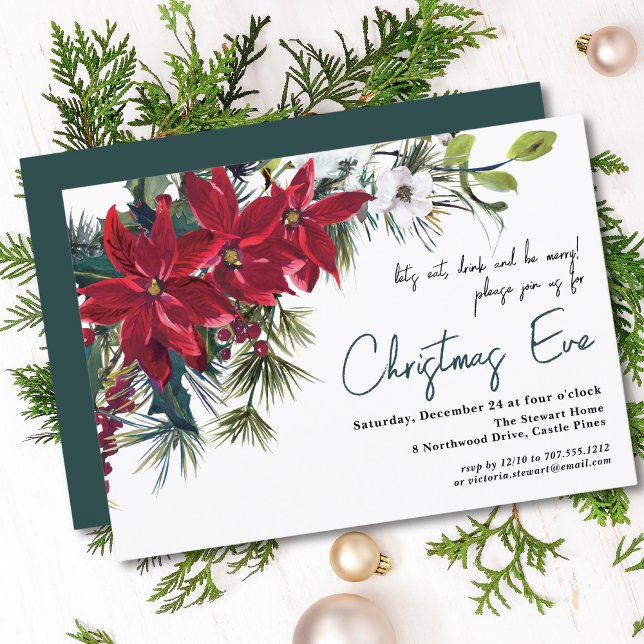 Poinsettia Holiday Floral | Christmas Eve Dinner Invitation (Creator Uploaded)