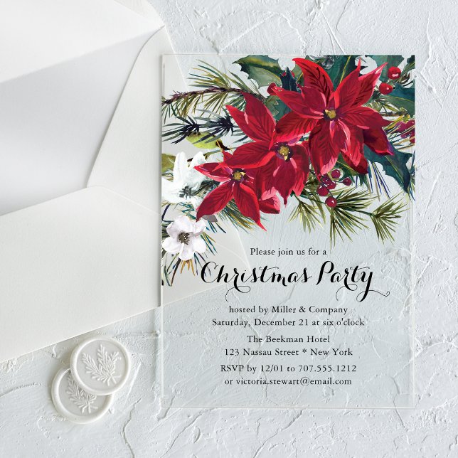 Poinsettia Holiday Floral Christmas Party Company Acrylic Invitations (Creator Uploaded)