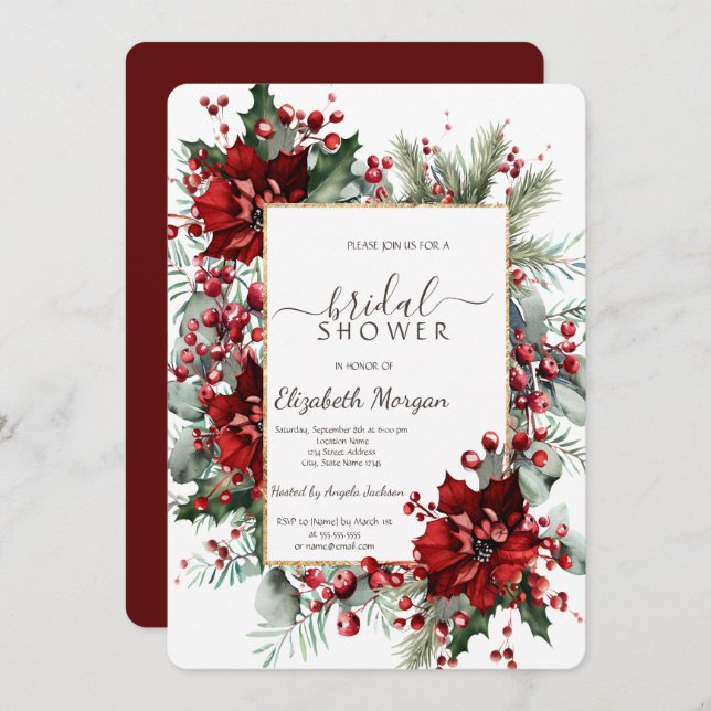 Poinsettia Holiday Winter Bridal Shower  Invitation (Front/Back)