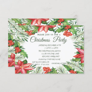 Poinsettia,Holly Berries Company Christmas Party Invitation