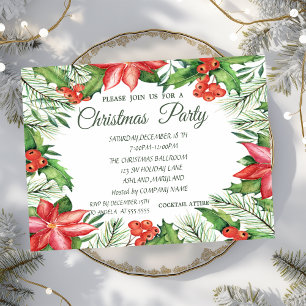 Poinsettia,Holly Berries Company Christmas Party Invitation