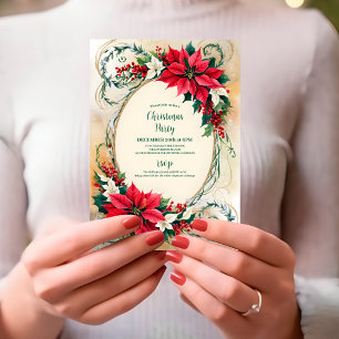 Poinsettia Holly Berries Floral Christmas Party Invitation