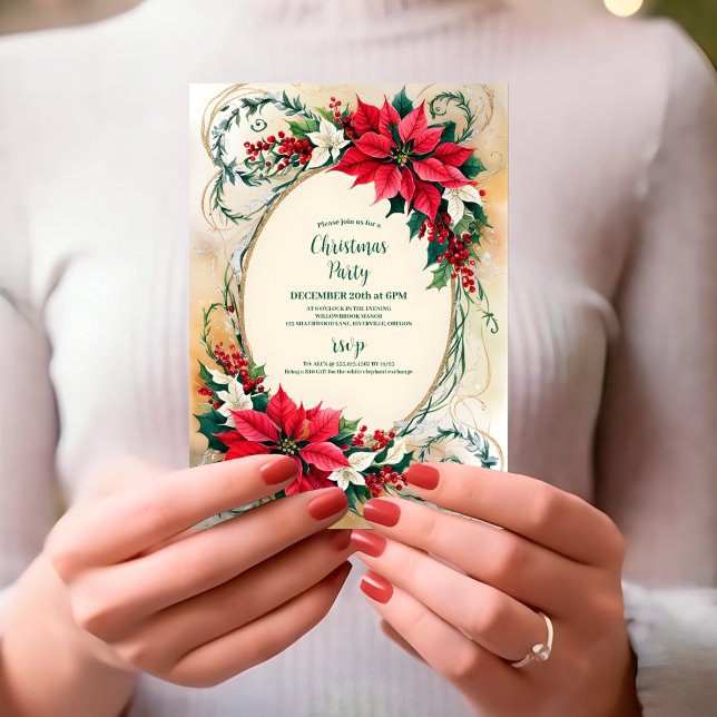 Poinsettia Holly Berries Floral Christmas Party Invitation (Creator Uploaded)
