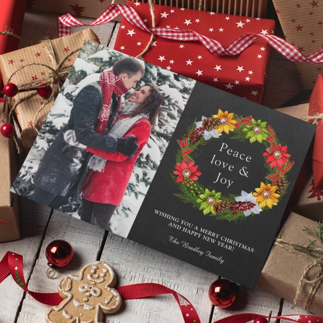 Poinsettia Holly Berries Wreath Christmas Photo Holiday Card (Creator Uploaded)