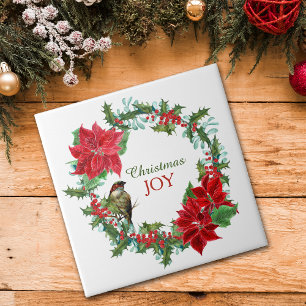 Poinsettia Holly Berry Christmas Joy Tile