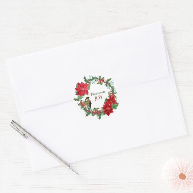 Poinsettia Holly Berry Christmas Wreath Classic Round Sticker (Envelope)