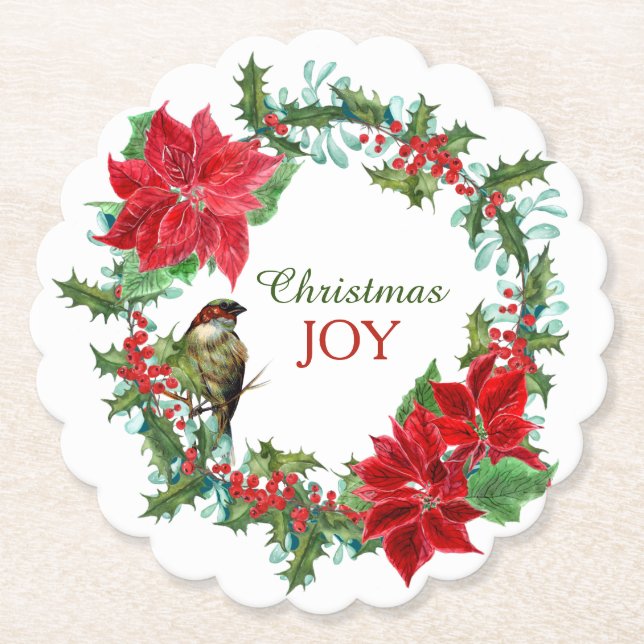 Poinsettia Holly Berry Christmas Wreath Paper Coaster (Front)