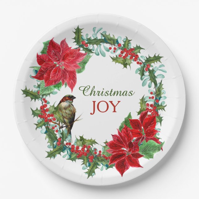 Poinsettia Holly Berry Christmas Wreath Paper Plate (Front)