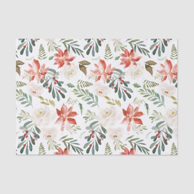 Poinsettia Holly Berry Ivory Floral Holiday Season Tissue Paper (Front)