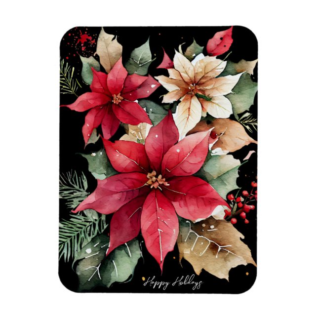 Poinsettia Holly Berry Red White Flower Christmas Magnet (Vertical)