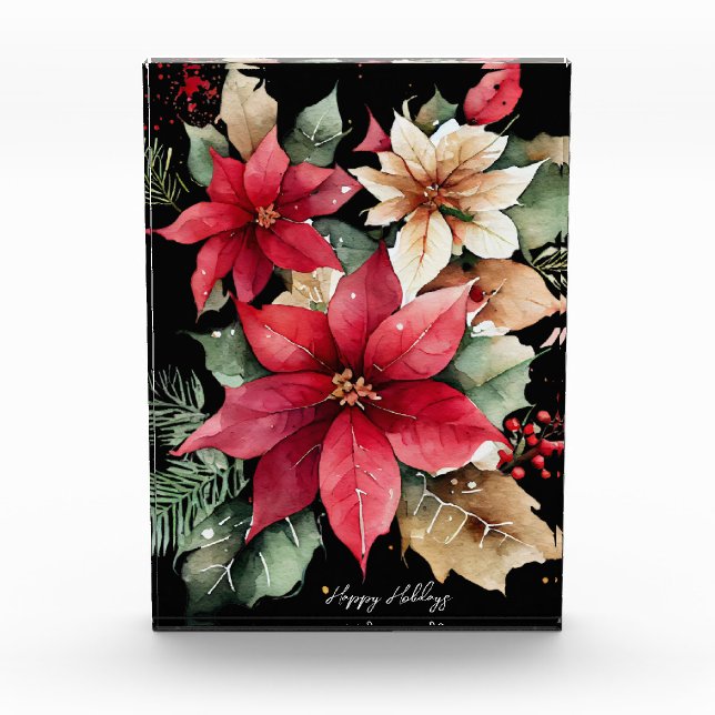 Poinsettia Holly Berry Red White Flower Christmas Photo Block (Front)