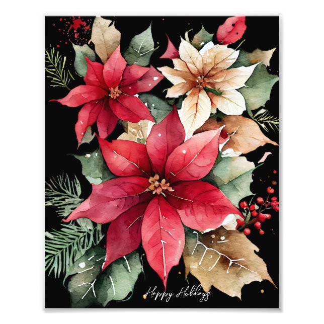 Poinsettia Holly Berry Red White Flower Christmas Photo Print (Front)