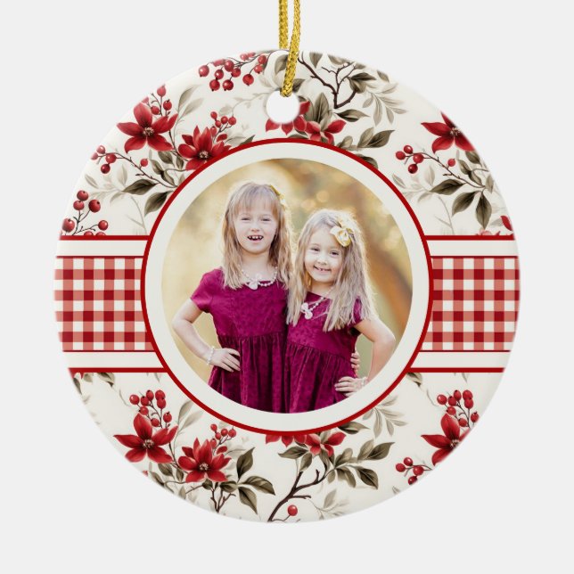 Poinsettia Holly Gingham Border Holiday Photo Card Ceramic Tree Decoration (Front)