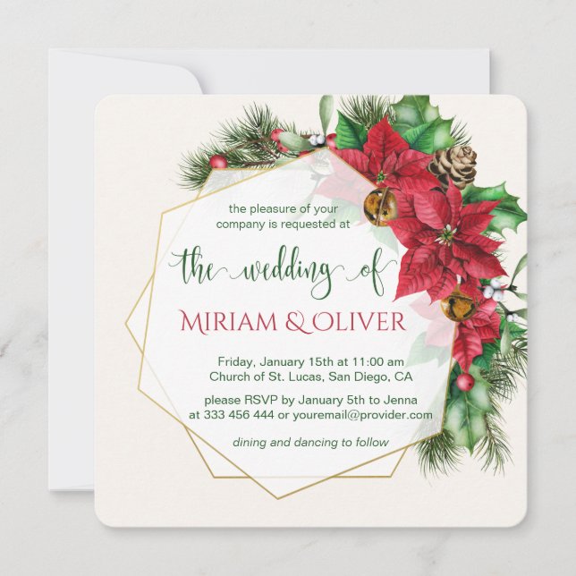 Poinsettia, holly, pine Christmas Wedding Invitation (Front)