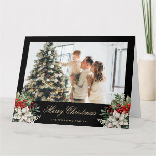 Poinsettia Holly Red Berries Photo Christmas Card