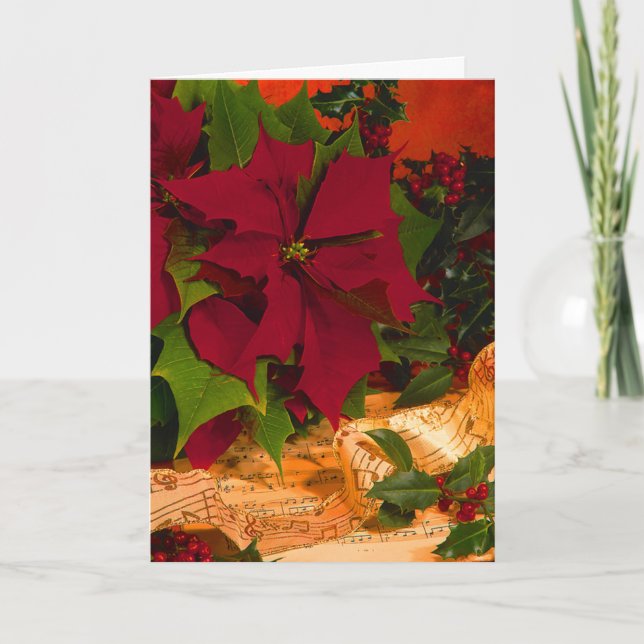 Poinsettia, Holly & Ribbon Holiday Card (Front)