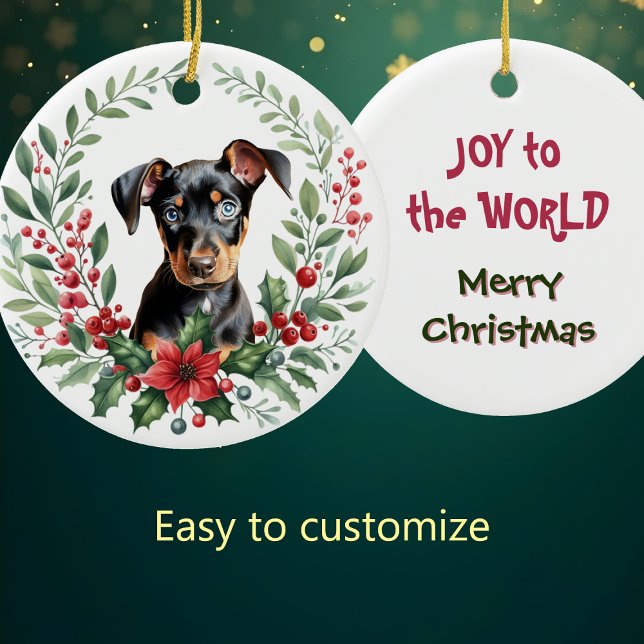 Poinsettia Holly Wreath Doberman Pinscher Puppy Ceramic Tree Decoration (Creator Uploaded)