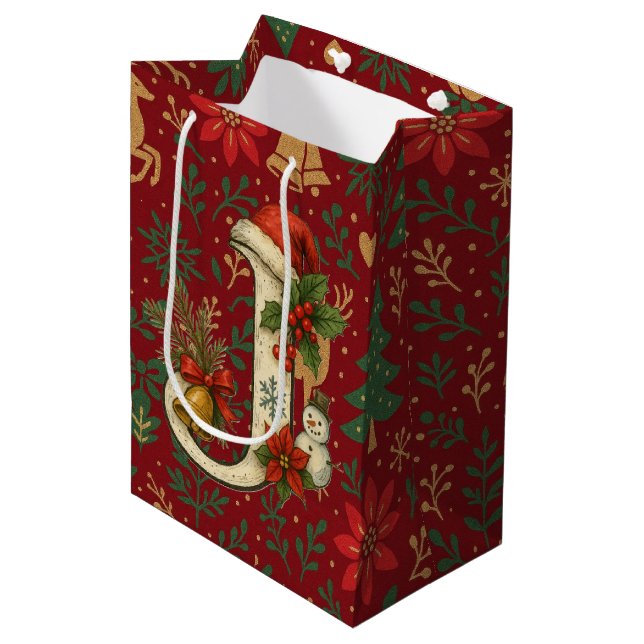 Poinsettia, Initial J Letter White Medium Gift Med Bag (Front Angled)