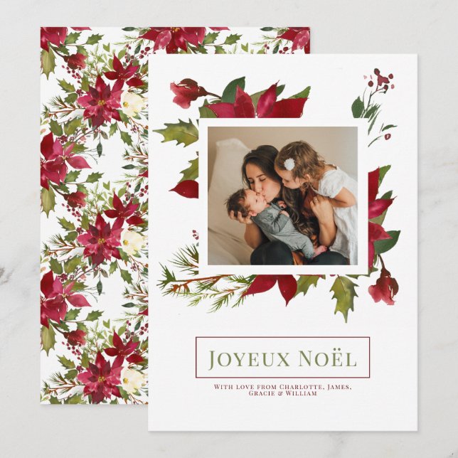 Poinsettia Joyeux Noël Elegant Christmas Card (Front/Back)