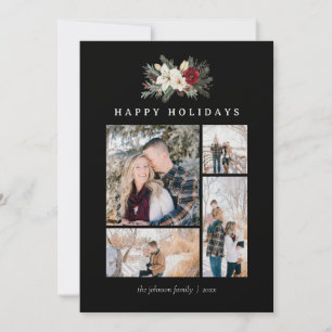 Poinsettia & Lily 5 Photo Collage Rustic Christmas Holiday Card