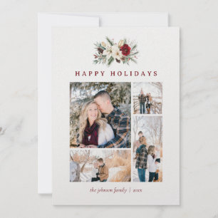Poinsettia & Lily 5 Photo Collage Rustic Christmas Holiday Card
