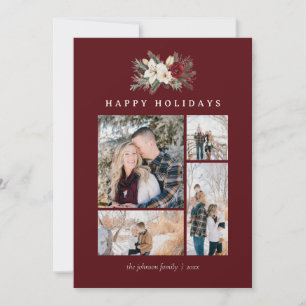 Poinsettia & Lily 5 Photo Collage Rustic Christmas Holiday Card