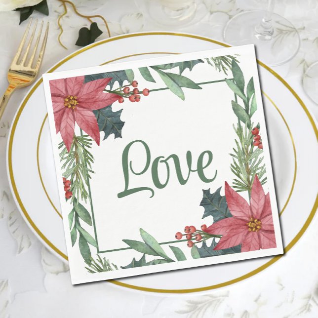Poinsettia Love Red Floral Christmas Wedding  Napkin (Creator Uploaded)