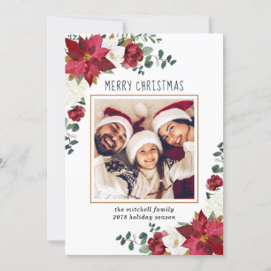 Poinsettia Magnolia Floral Modern Photo Christmas Holiday Card