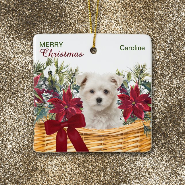 Poinsettia Maltese Puppy Christmas Basket Ceramic Ornament (Creator Uploaded)