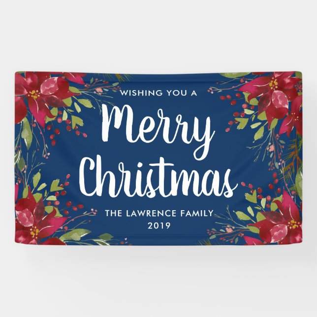 Poinsettia Merry Christmas Holiday Navy Blue Banner (Horizontal)