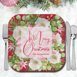 Poinsettia Merry Christmas Paper Plate