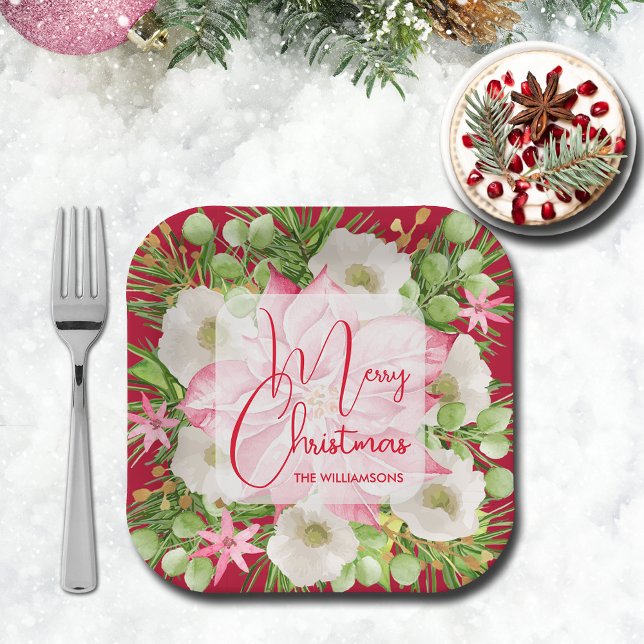 Poinsettia Merry Christmas Paper Plate (SMALL 7" paper plates feature a pink poinsettia and winter flowers Merry Christmas)