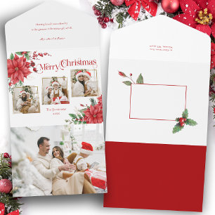 Poinsettia & Merry Christmas Typography 3-Photo All In One Invitation