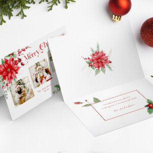 Poinsettia & Merry Christmas Typography 3-Photo Holiday Card