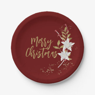 Poinsettia Merry Christmas White Burgundy Elegant Paper Plate