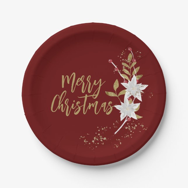  Poinsettia Merry Christmas White Burgundy Elegant Paper Plate (Front)