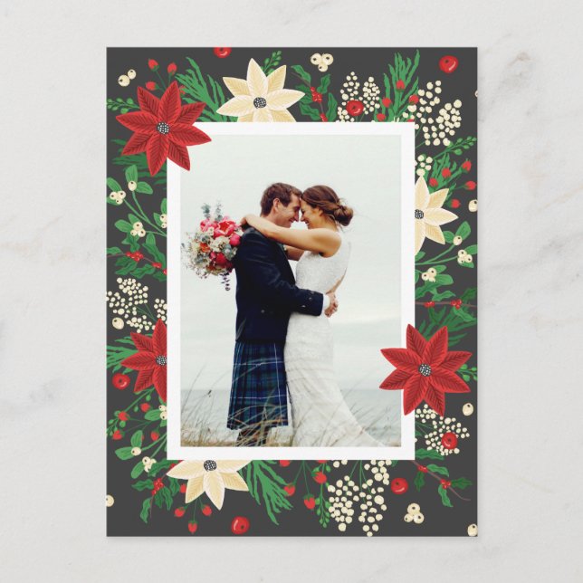 Poinsettia & Mistletoe - Christmas Wedding Photo Holiday Postcard (Front)