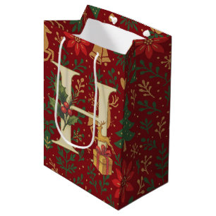 Poinsettia, Monogram H Letter White Medium Gift Bag