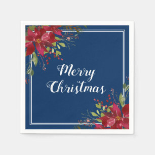 Poinsettia Navy Blue Merry Christmas Holiday Napkin